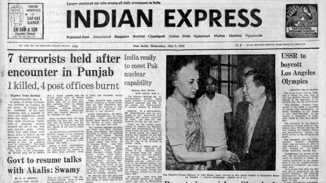 This is the front page of The Indian Express published on May 09, 1984.