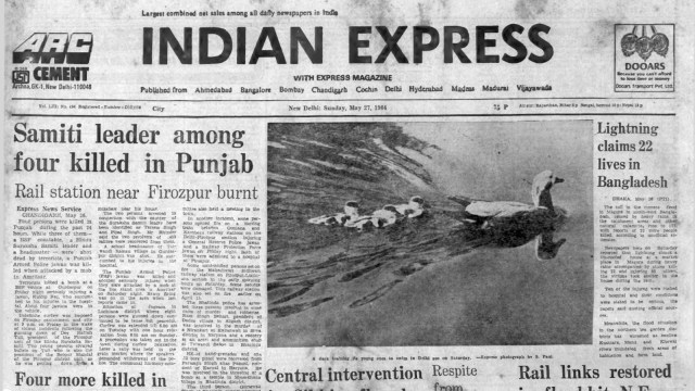 This is the front page of The Indian Express published on May 27, 1984, Forty Years Ago.