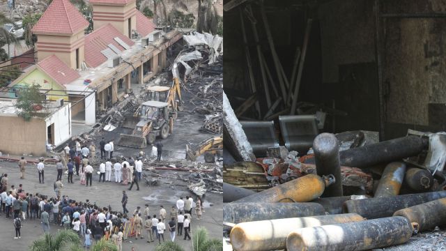 (L-R) Visuals from fires at a Rajkot gaming zone and a hospital in Delhi. (Express photos by Nirmal Harindran and Abhinav Saha)