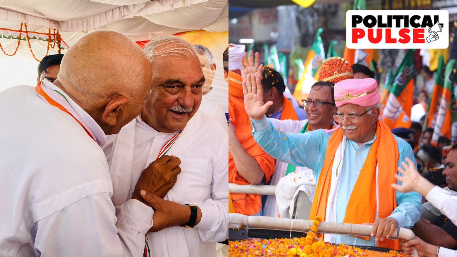Former Haryana CMs Bhupinder Singh Hooda (L) and Manohar Lal Khattar (R) campaigning ahead of the Lok Sabha elections. (Photos: Bhupinder Singh Hooda/ Manohar Lal Khattar/ X)