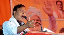 Assam Chief Minister Himanta Biswa Sarma addresses a public meeting