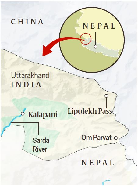 Map showing Kalapani, Lipulekh and India-Nepal border. 