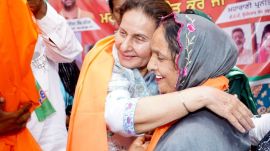 BJP candidate Preneet Kaur during her campaign at Sanour in Patiala, Monday. Harmeet Sodhi