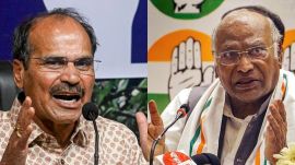 State Congress president Adhir Ranjan Chowdhury and Congress president Mallikarjun Kharge. (PTI Photos)