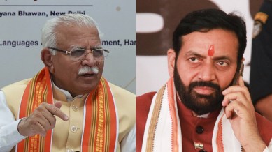 Chief Minister Nayab Singh Saini and former CM Manohar Lal Khattar, nomination filing, haryana news, indian express