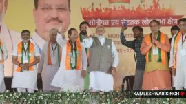 Prime Minister Narendra Modi addressing Election rally in Gohana in Haryana on Saturday. Express Photo by kamleshwar Singh