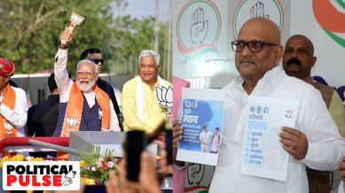 Prime Minister Narendra Modi campaigning ahead of the Lok Sabha elections in Rajasthan; Congress's Varanasi candidate Ajay Rai. (Express file photos by Rohit Jain Paras and Vishal Srivastava)