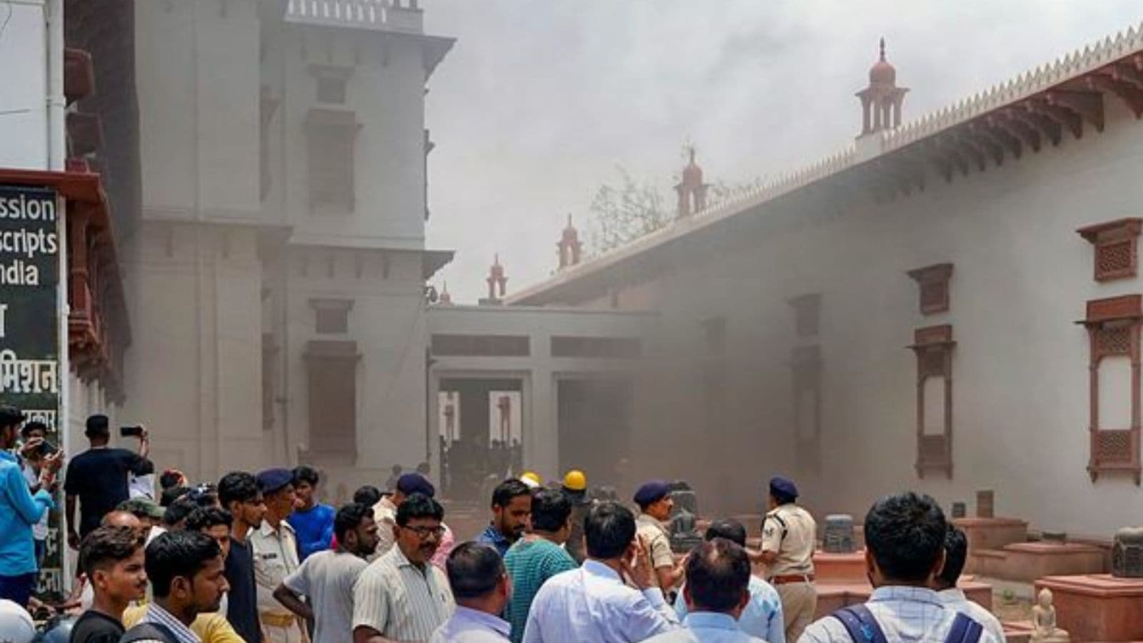 Smoke billows out after fire broke out at the Patna Museum, in Patna,