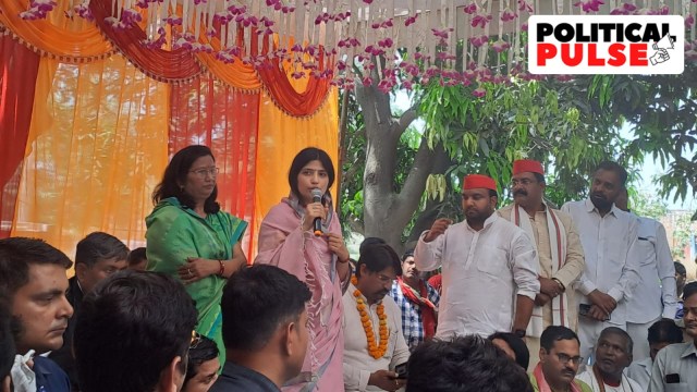 In this photo, Dimple Yadav can be seen campaigning in Mainpuri. (Express Photo)