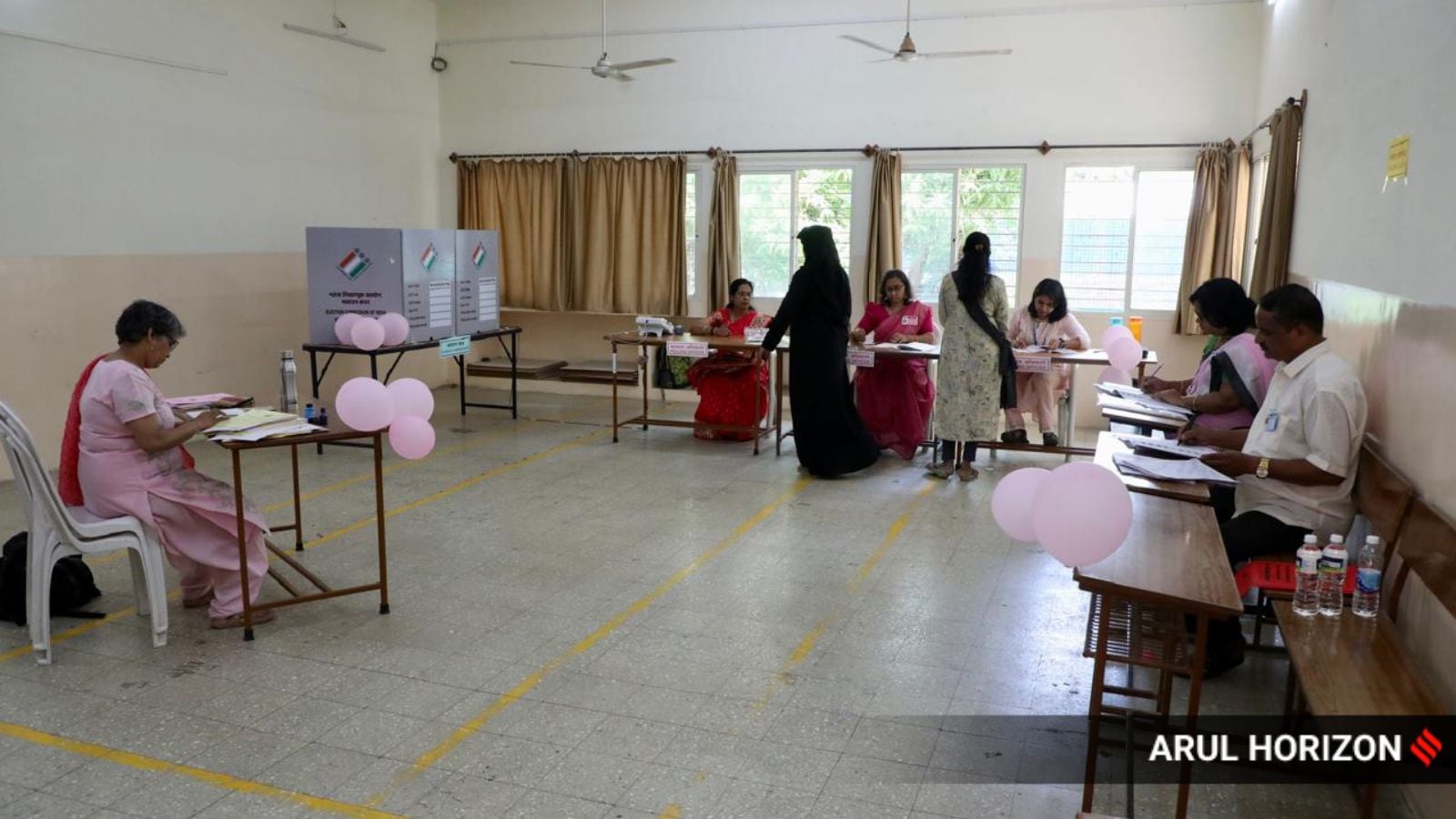All Women booth in Cumins college, selfie box and family click during the Loksabha polls on Monday. Express Photograph by Arul Horizon.