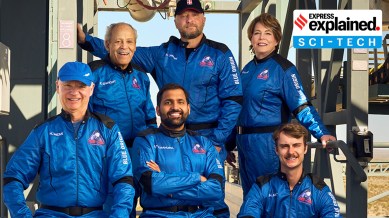 Gopi Thotakura (centre) with the other five space tourists after the space flight was concluded.