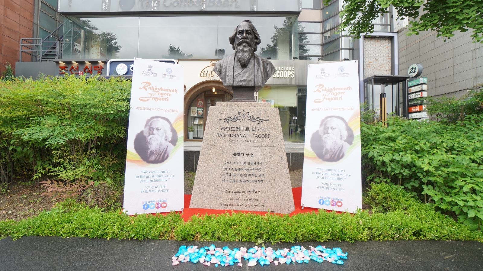 Rabindranath Tagore's statue in Seoul, South Korea, on May 5, 2024, following a remembrance ceremony in his honour. (Photo credit: Sourced)