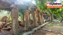 A section of the pillars holding up the pavilion at Hampi's Virupaksha temple collapsed recently following heavy rains.