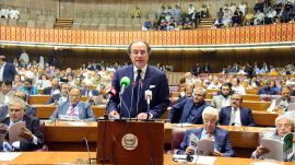 In this photo released by the Pakistan Finance Ministry Press Service, Pakistan's Finance Minister Muhammad Aurangzeb speaks and parented, the Federal Budget before the National Assembly of Pakistan, in Islamabad, Pakistan, Wednesday, June. 12, 2024. Pakistan's new gov't presents its first budget in Parliament as it seeks new long-term IMF bailout. (Pakistan Foreign Ministry Press Service via AP)