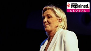 Marine Le Pen, President of the French far-right National Rally (Rassemblement National - RN) party parliamentary group, takes the stage to address party members after the polls closed during the European Parliament elections, in Paris, France, June 9, 2024.