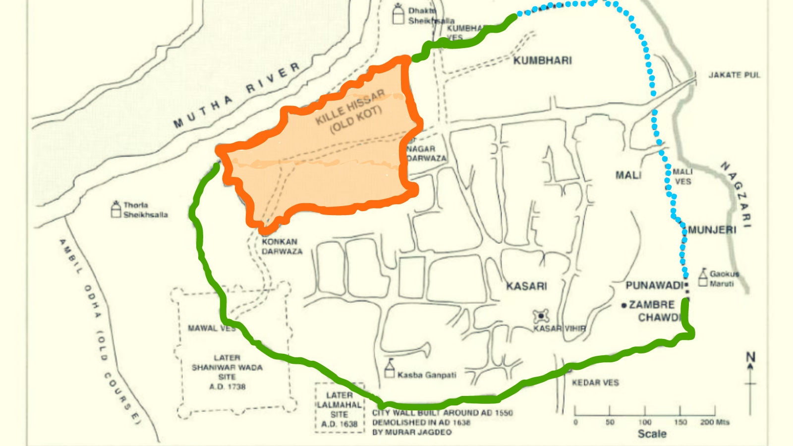 A map showing the old city wall (orange) and the project taken up by Balaji Bajirao that was abandoned. (Credit Pune The Queen of Deccan)