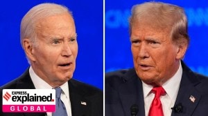 US President Joe Biden, left, and Republican presidential candidate former President Donald Trump during a presidential debate hosted by CNN, Thursday, June 27, 2024, in Atlanta.