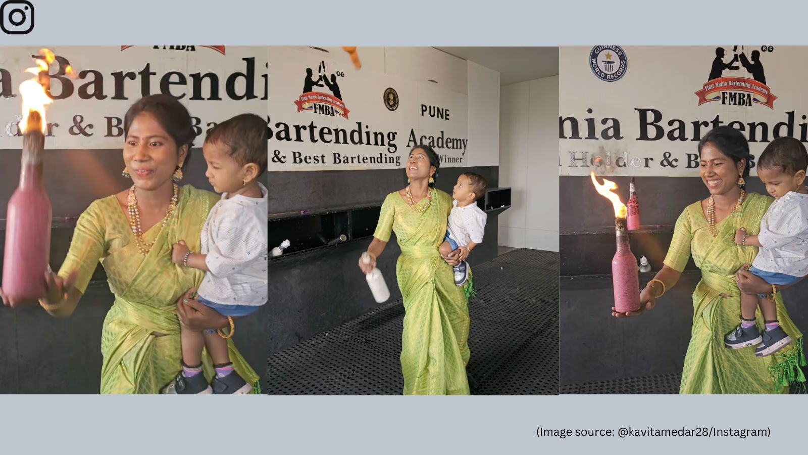 Pune Woman Dressed in saree, Pune woman juggles glass bottles while holding a baby ...