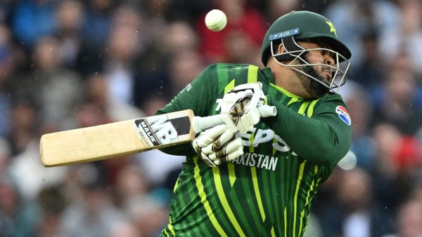 Pakistan's Azam Khan bats during the fourth IT20 match between England and Pakistan in London, England