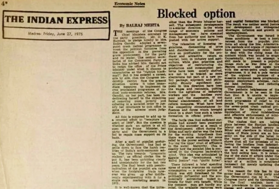《印度快报》在 1975 年 6 月 27 日宣布紧急状态后的第一期上发表的空白社论。 