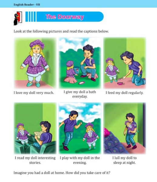 Shattering another gender stereotype that only girls play with dolls, the English Reader for Class 7 has illustrations of a boy playing with a doll