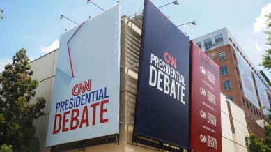 Signs promoting the debate between U.S. President Joe Biden and his rival Former U.S. President Donald Trump are erected around the venue at CNN Center in Atlanta, Georgia. (Reuters)