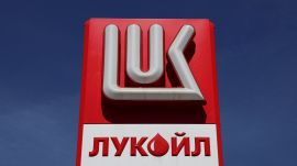 The logo of Lukoil is on display at a petrol station in Saint Petersburg, Russia.