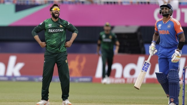 Pakistan's Imad Wasim, left, reacts after bowling a delivery to India's Rishabh Pant during the ICC Men's T20 World Cup cricket match between India and Pakistan at the Nassau County International Cricket Stadium in Westbury, New York. (AP | PTI)