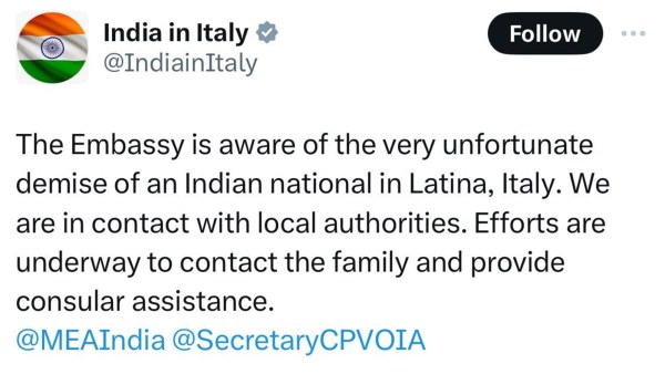Indian man dies in Italy.
