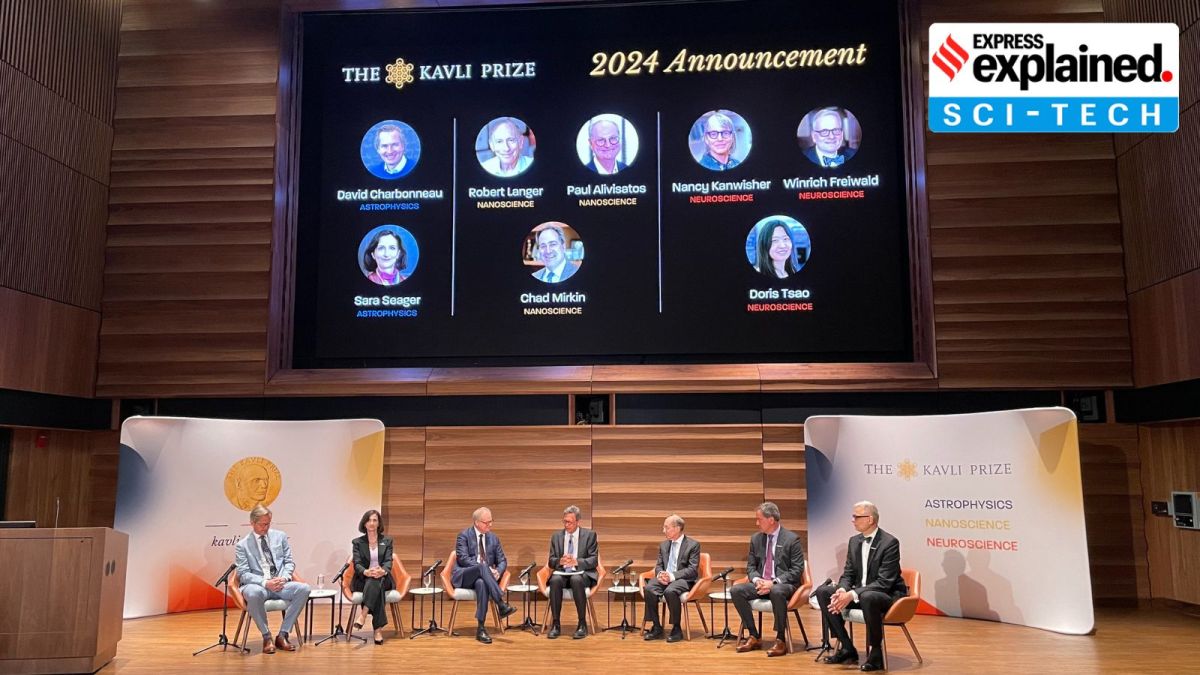 7 out of the 8 winners of the Kavli Prize seen sitting on a stage