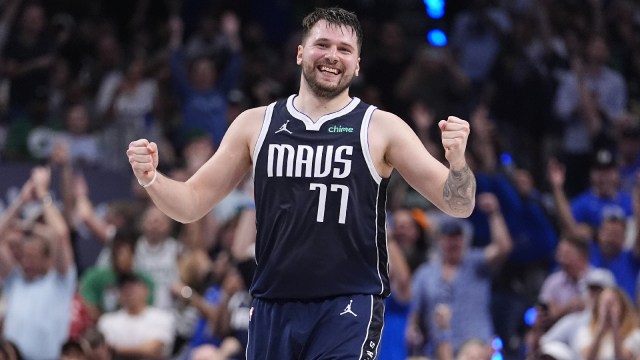 Dallas Mavericks guard Luka Doncic (77) reacts after a play during the first half in Game 4 of the NBA basketball finals against the Boston Celtics, Friday, June 14, 2024, in Dallas. (AP Photo)