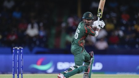 Bangladesh's Litton Das bats during the men's T20 World Cup cricket match between Afghanistan and Bangladesh at Arnos Vale Ground, Kingstown, Saint Vincent and the Grenadines