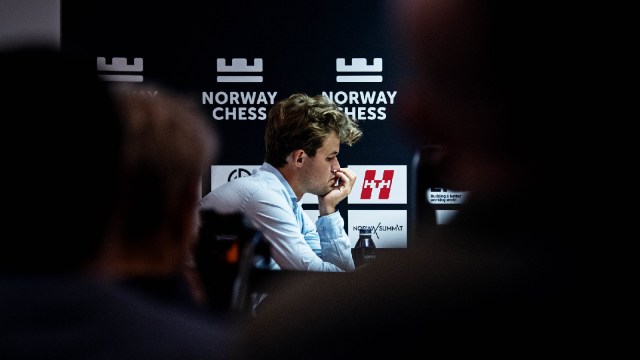 LIMITED USED IMAGE of Magnus Carlsen at the Norway Chess 2024 tournament in Stavanger. (Photo via Norway Chess / Stev Bonhage to be used only during Norway Chess 2024).