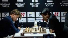 Five-time world champion Magnus Carlsen and India's R Praggnanandhaa during their second clash at the Norway Chess. (Credits: Norway Chess / Stev Bonhage)