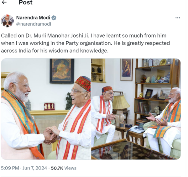 Narendra Modi, Narendra Modi meets LK Advani, Narendra Modi meets Murli Manohar Joshi, Modi meets Advani, Modi meets Murli Manohar Joshi, NDA, National Democratic Alliance, BJP, Bharatiya Janata Party, LK Advani, Murli Manohar Joshi, Prime Minister, NDA government, Lok Sabha Elections, Lok Sabha Elections 2024, NDA majority, Modi third term, Parliament, news, political news, top news, election news, new NDA government, forming government