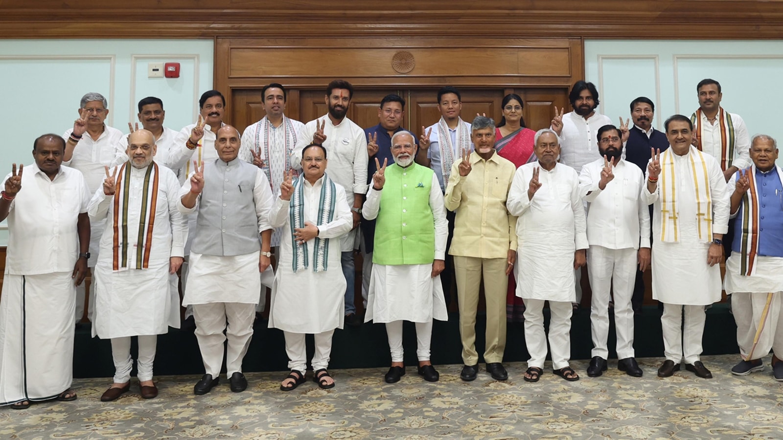 Election Results 2024: Leaders of the NDA flash the victory sign after key meeting at Narendra Modi's residence on Wednesday.  (Photo: ANI/X)