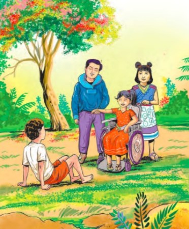 the social science textbook for Class 5, tells the story of Neenu, a girl with a disability, who uses a wheelchair to move around.