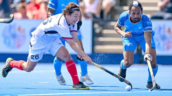 Hardik Singh in action at the FIH Pro League against Great Britain as India lost 1-3 (Photo: Hockey India)