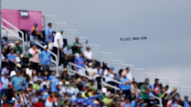 An aircraft carrying a Release Imran Khan banner flies across the Nassau County Stadium in New York.(AP)