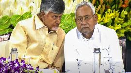 TDP chief N. Chandrababu Naidu and Bihar Chief Minister and JD(U) leader Nitish Kumar during the NDA parliamentary party meeting at Samvidhan Sadan, in New Delhi. (PTI Photo)