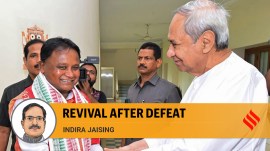 Odisha's new Chief Minister Mohan Charan Majhi during a meeting with former chief minister Naveen Patnaik, in Bhubaneswar, Wednesday, June 12, 2024. (PTI Photo)