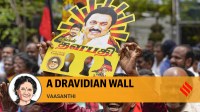 DMK supporters celebrate the party's Lok Sabha elections victory, at party headquarters, Anna Arivalayam, in Chennai, Tuesday (PTI)