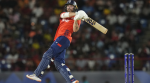 England's Phil Salt bats during the men's T20 World Cup cricket match between England and the West Indies at Darren Sammy National Cricket Stadium, Gros Islet, St Lucia, Wednesday, June 19, 2024. (AP Photo)