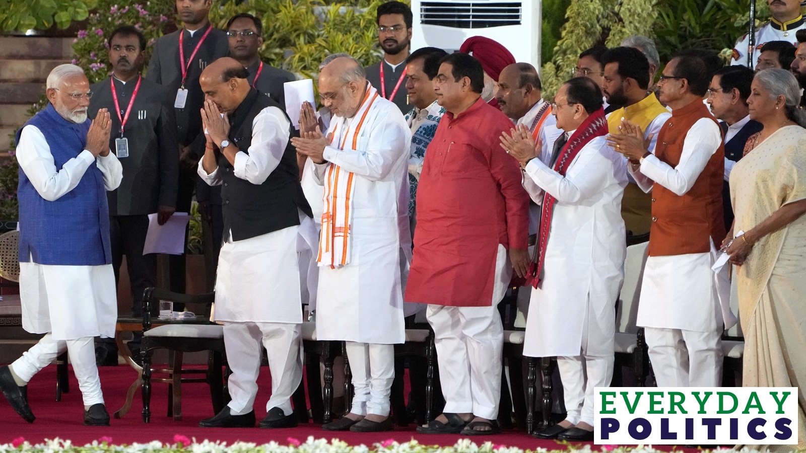 Prime Minster Modi seen greeting his new cabinet of ministers