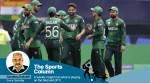 Pakistan's Haris Rauf, center without cap, celebrates with teammates the dismissal of India's Jasprit Bumrah during the ICC Men's T20 World Cup cricket match between India and Pakistan at the Nassau County International Cricket Stadium in Westbury, New York