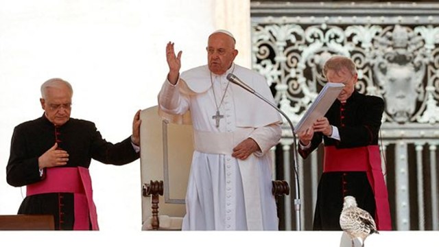 Pope Francis speaks during the weekly general audience in Saint Peter's Square at the Vatican, June 12, 2024.