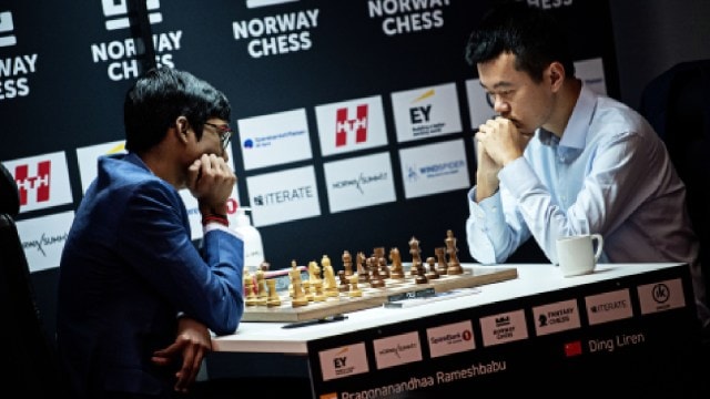 Norway Chess: India’s Praggnanandhaa played a draw with World champion Ding Liren. (Credits: Norway Chess / Stev Bonhage)