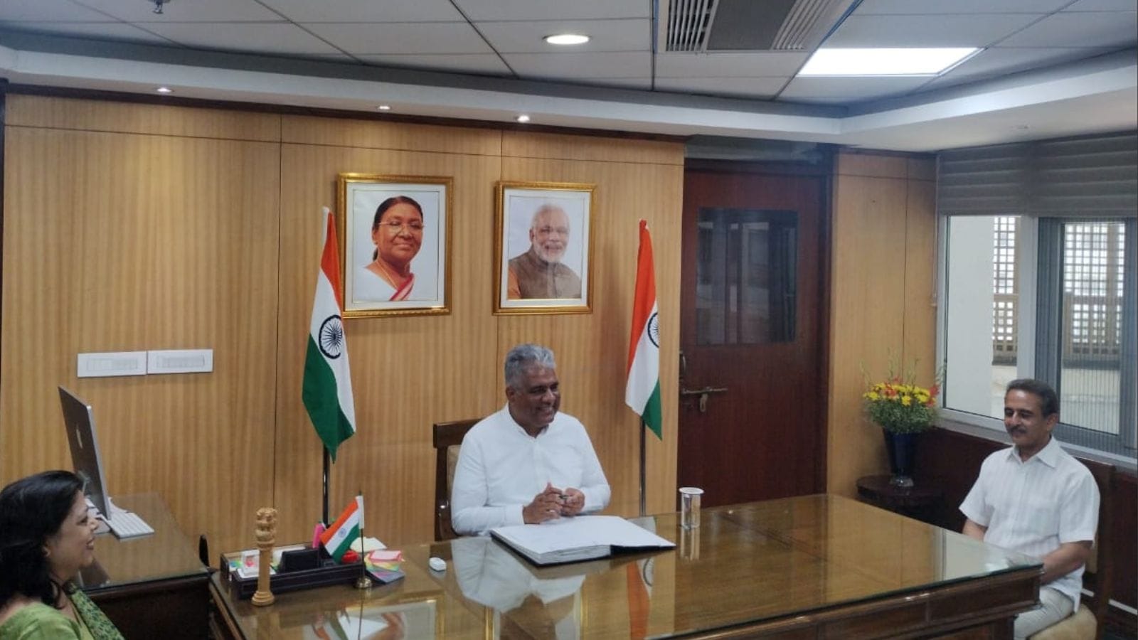 Bhupendra Yadav was joined by the new Minister of State (MoS) colleague Kirtivardhan Singh in the South Block. (Express photo)