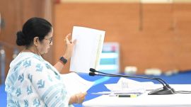 Chief Minister Mamata Banerjee at a review meeting at Nabanna on Monday. Express