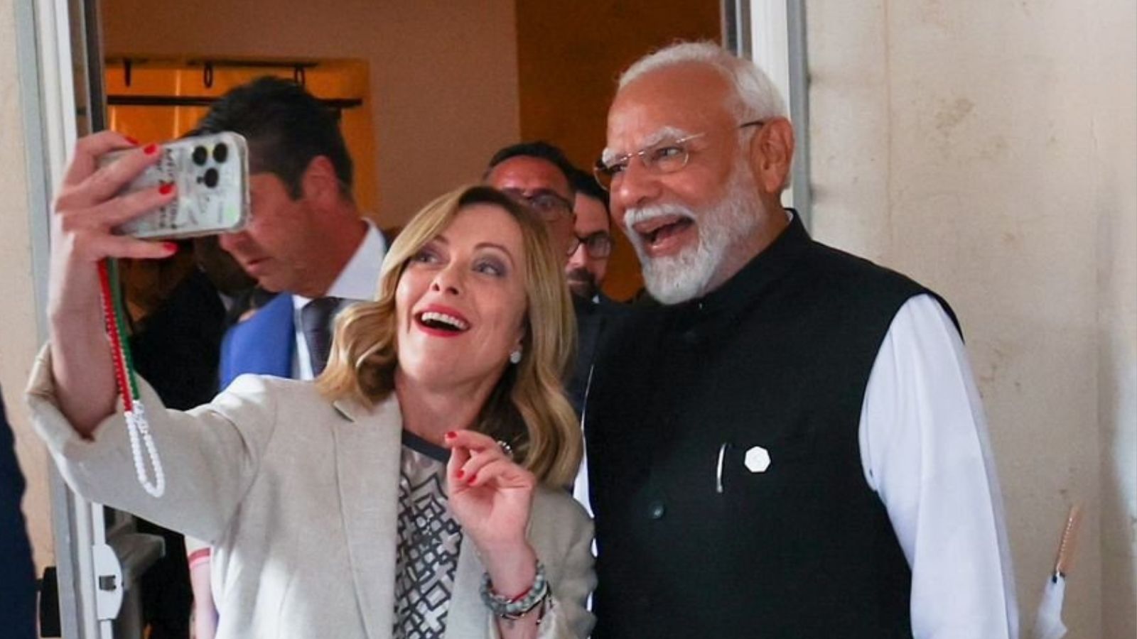 Italy's Prime Minister Giorgia Meloni clicked a selfie with PM Modi on the sidelines of the G7 Summit. (ANI)